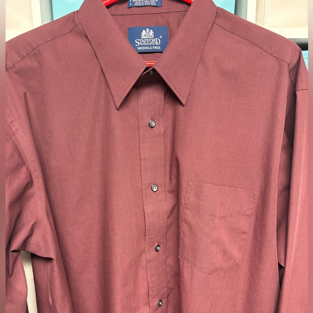Stafford Men's Burgundy Button Down Dress Shirt, 17-1/2, Cotton Blend